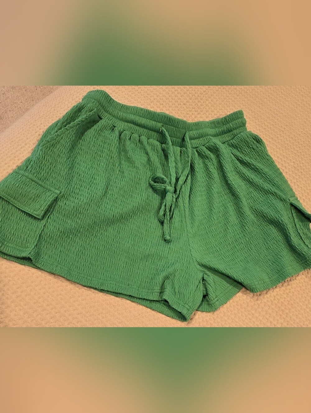 Women’s Puckered Knit Green Drawstring Shorts, Kelly Green, M